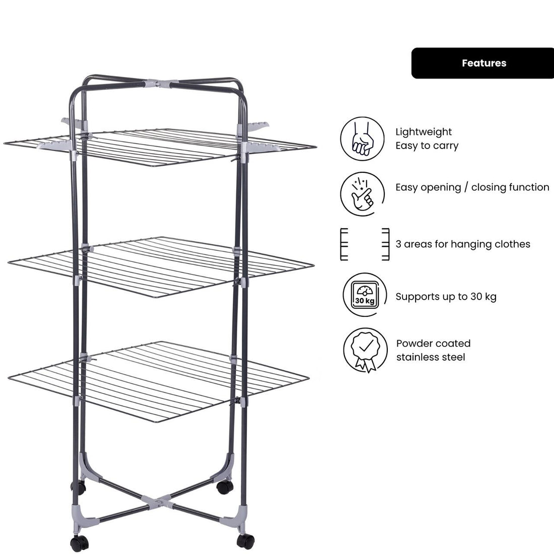 Uscator de rufe cu 3 nivele Ertone MN98U, pliabil cu suport de umerase, suporta 30 kg rufe, Inox