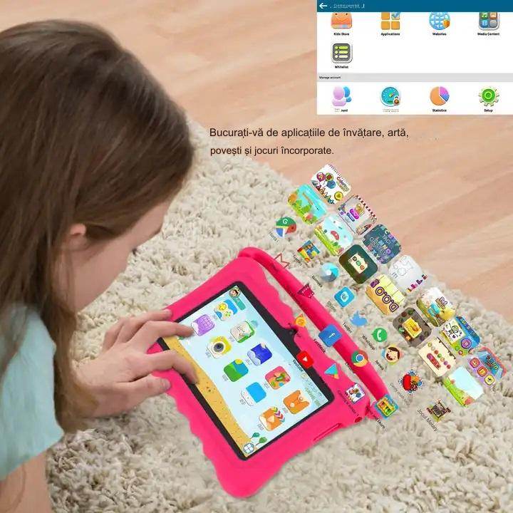 Tableta pentru copii de 7 inch Android WiFi cu Protectie anti shock, Camera dubla, jocuri, desene, aplicatii, Educativ, model cu maner - Specializat.ro