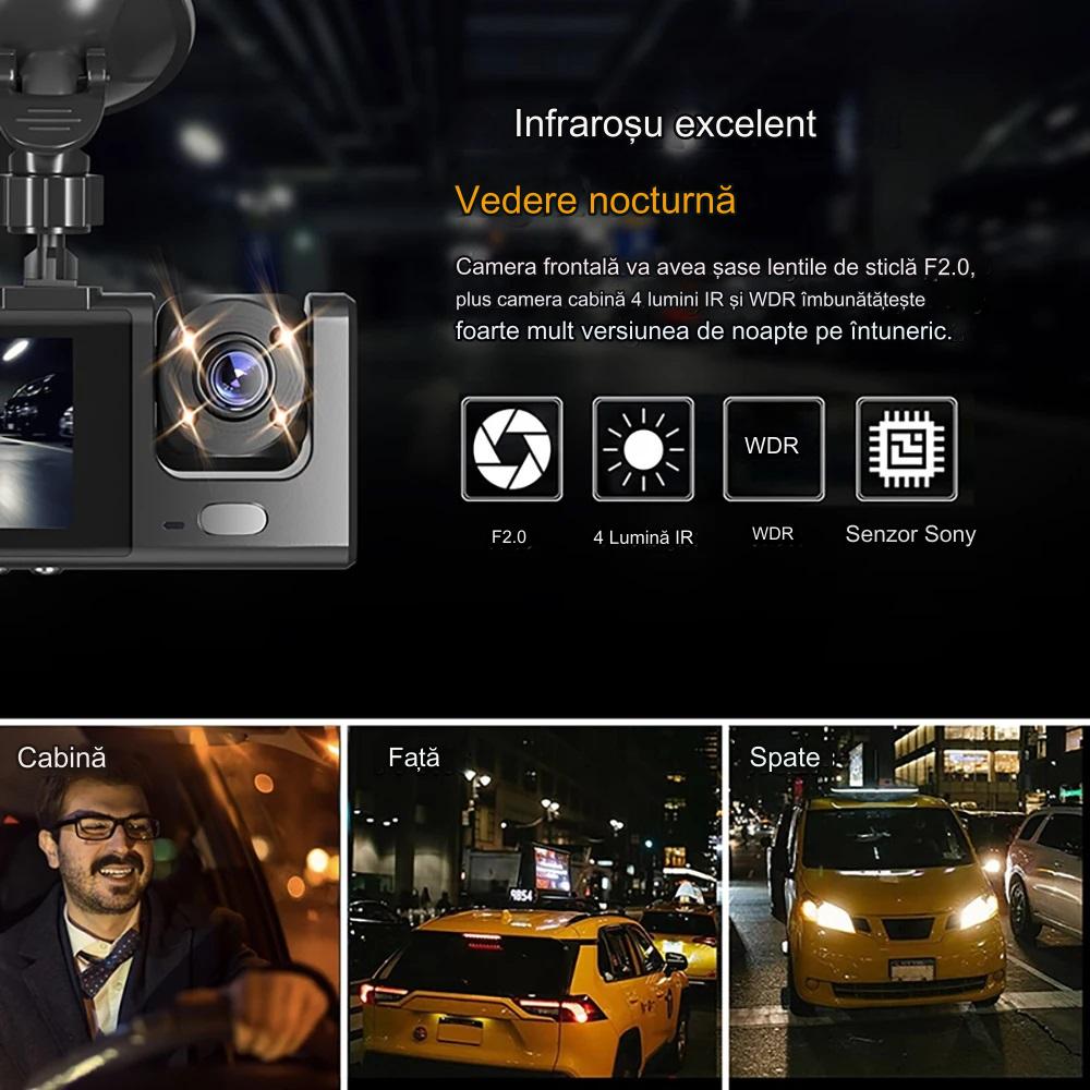 Camera auto tripla de bord Full HD 1080P, 3 Lentile, IPS Display 2", Inregistrare Dubla, Loop Recording, G-sensor