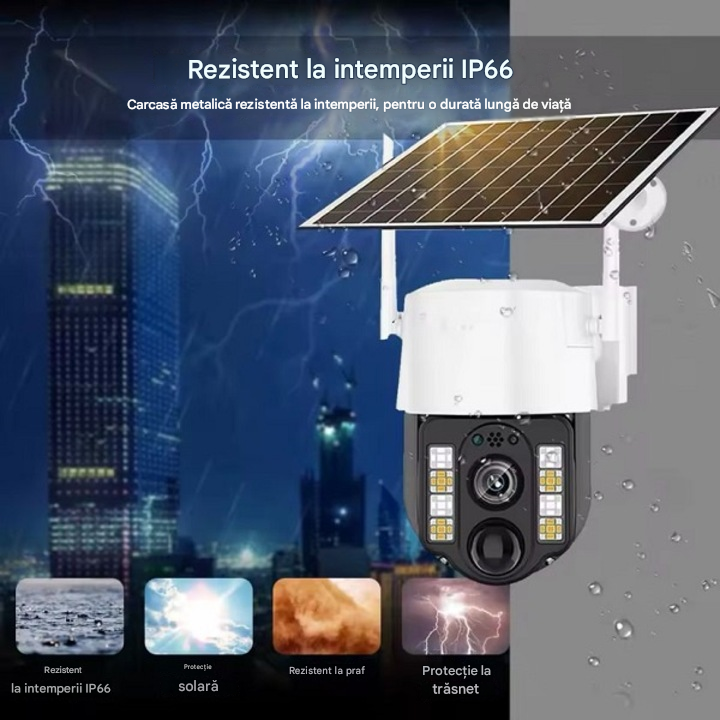 Cameră Supraveghere 4G Solară 5MP PTZ – Panou Solar 7.5W, Vedere Nocturnă Color, IP66