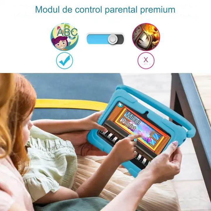 Tableta pentru copii de 7 inch Android WiFi cu Protectie anti shock, Camera dubla, jocuri, desene, aplicatii, Educativ, model cu maner - Specializat.ro