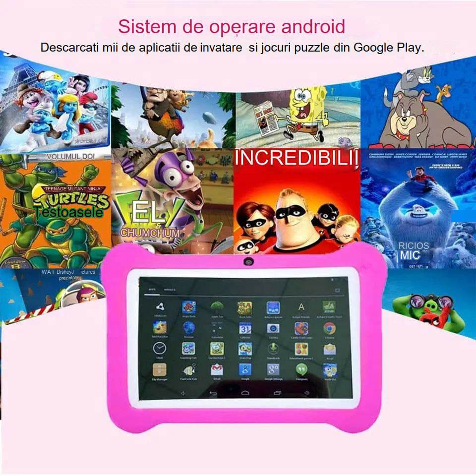 Tableta pentru copii de 7 inch Android WiFi cu Protectie anti shock, Camera dubla, jocuri, desene, aplicatii, Educativ, model Ursulet - Specializat.ro