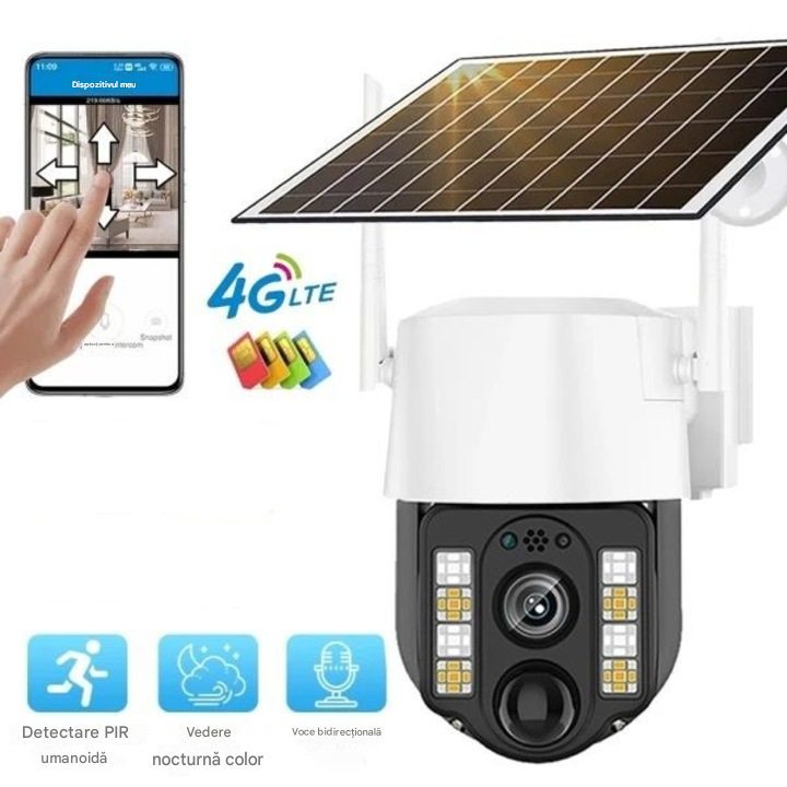 Cameră Supraveghere 4G Solară 5MP PTZ – Panou Solar 7.5W, Vedere Nocturnă Color, IP66