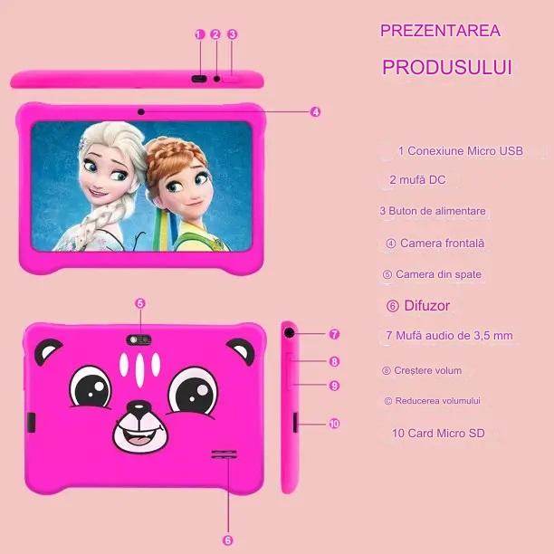 Tableta pentru copii de 7 inch Android WiFi cu Protectie anti shock, Camera dubla, jocuri, desene, aplicatii, Educativ, model Ursulet - Specializat.ro