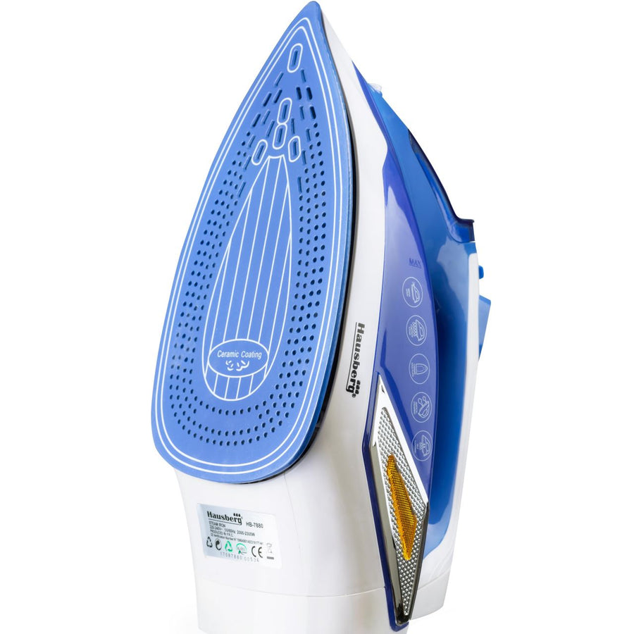 Fier de calcat Hausberg HB-7880BL, 2300W, Talpa cu invelis ceramic, rezervor apa 400ml, Alb/Albastru