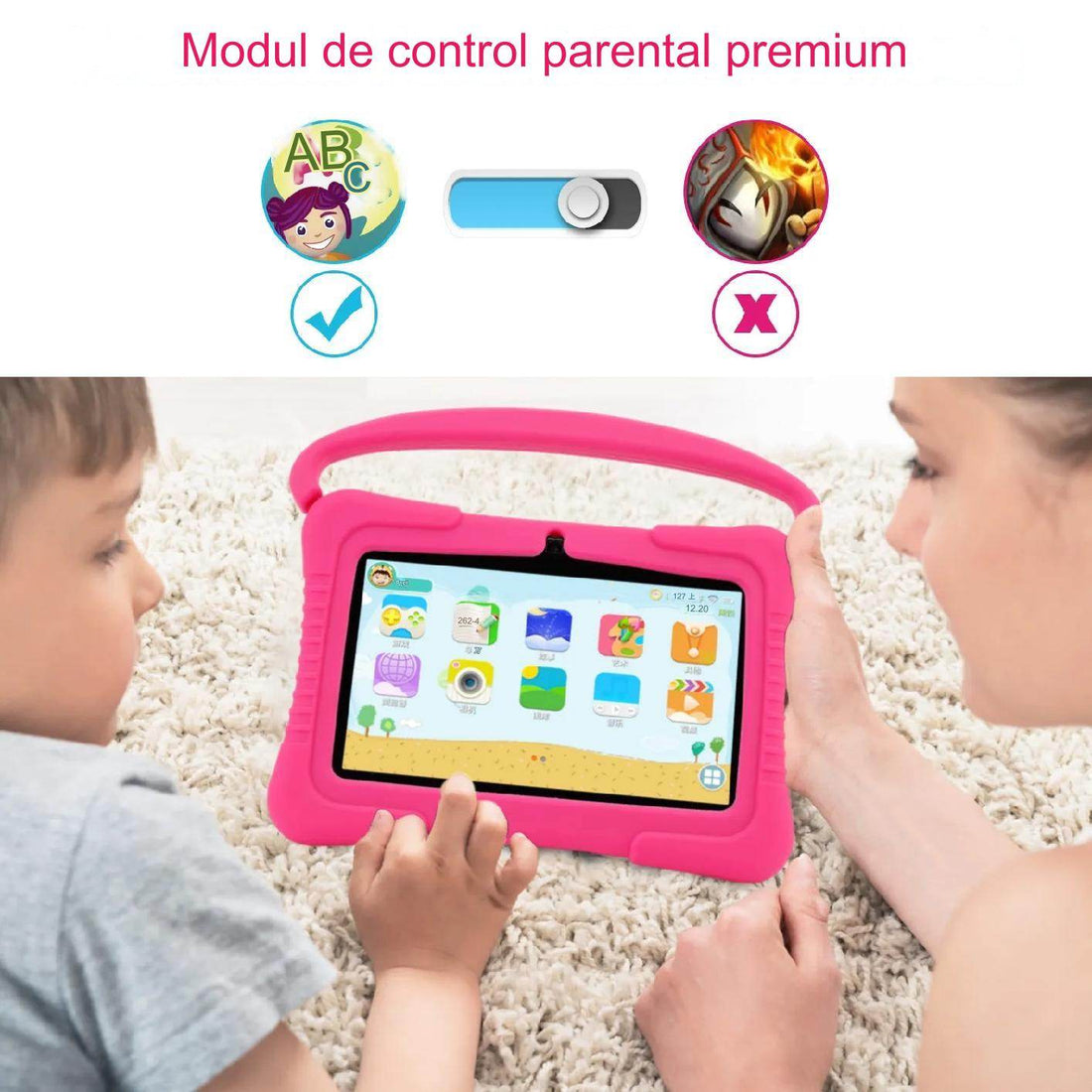 Tableta pentru copii de 7 inch Android WiFi cu Protectie anti shock, Camera dubla, jocuri, desene, aplicatii, Educativ, model cu maner - Specializat.ro