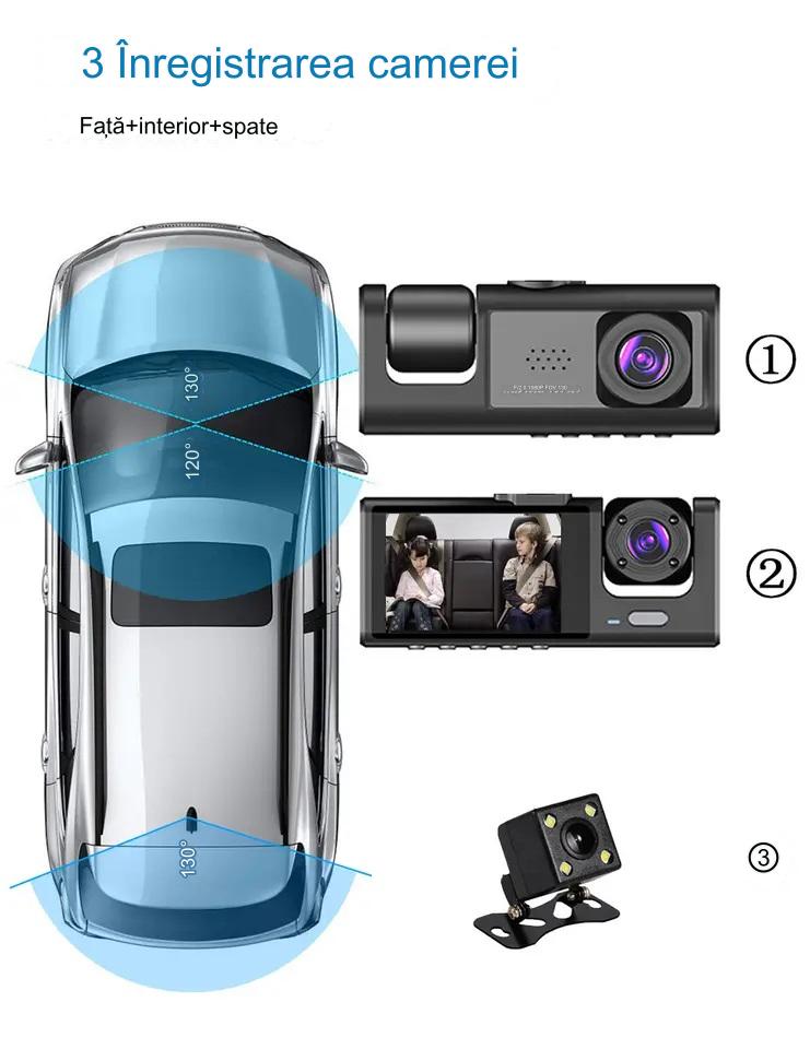 Camera auto tripla de bord Full HD 1080P, 3 Lentile, IPS Display 2", Inregistrare Dubla, Loop Recording, G-sensor