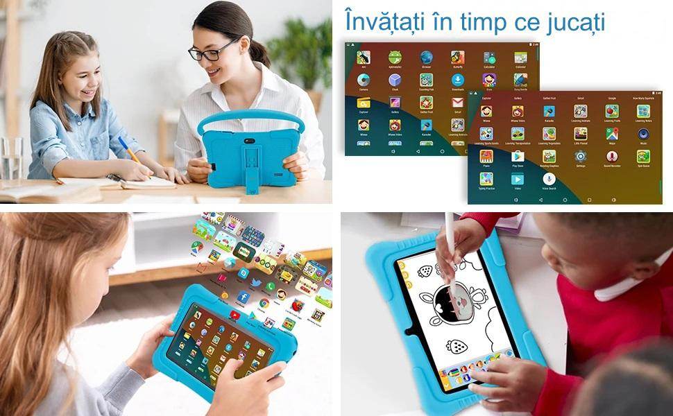 Tableta pentru copii de 7 inch Android WiFi cu Protectie anti shock, Camera dubla, jocuri, desene, aplicatii, Educativ, model cu maner - Specializat.ro