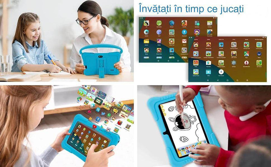 Tableta pentru copii de 7 inch Android WiFi cu Protectie anti shock, Camera dubla, jocuri, desene, aplicatii, Educativ, model cu maner - Specializat.ro