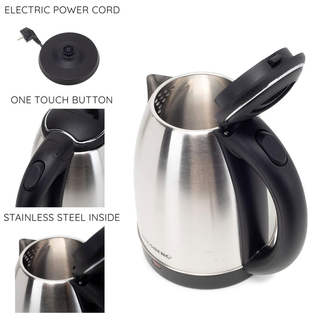 Cana fierbator inox Hausberg HB-3615, 1500 W, 1.8 L, suport rotativ, sistem de protectie