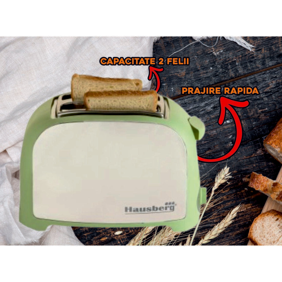 Prajitor paine 2 felii Hausberg, HB-190VR, 750W, declansare automata, Verde