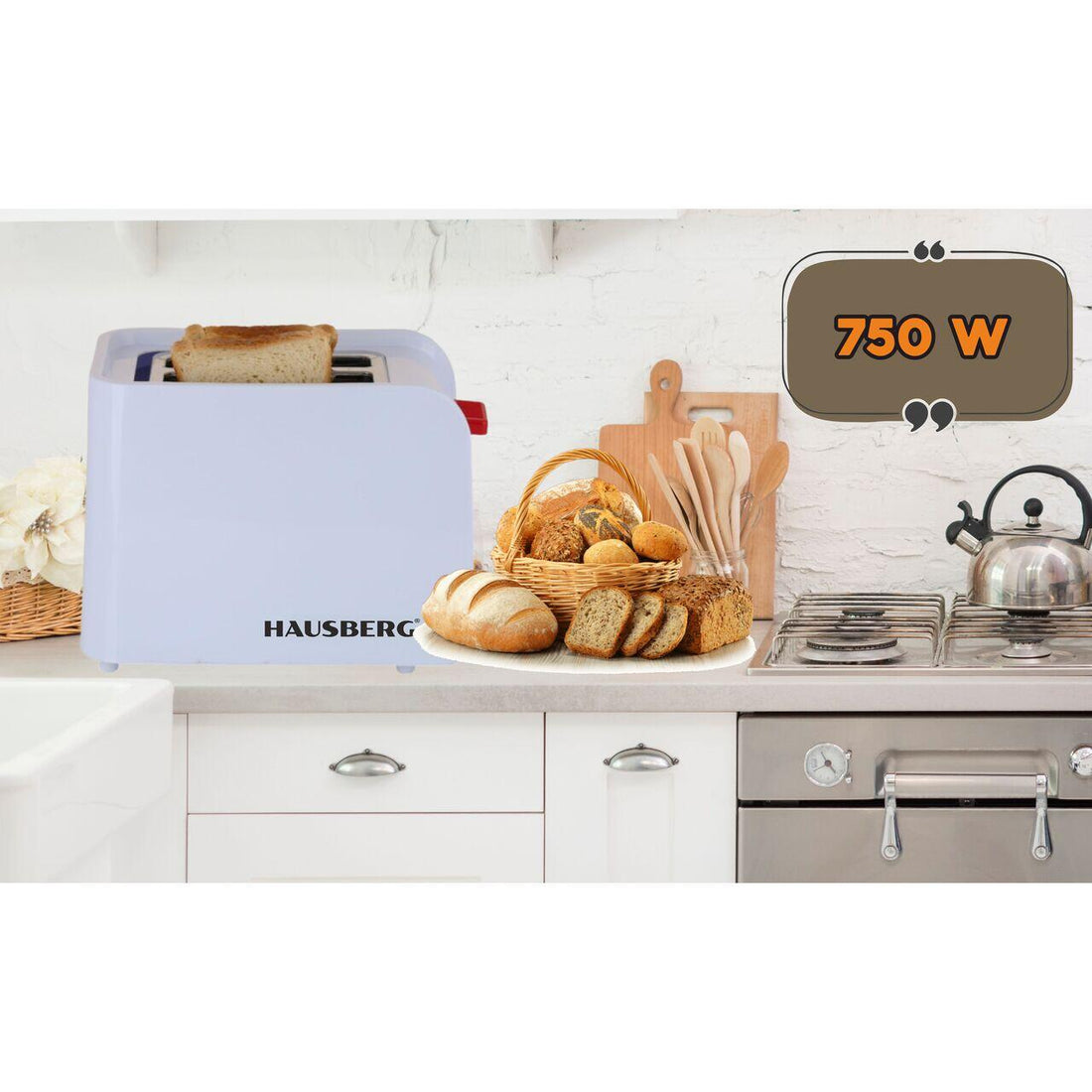 Prajitor de paine Hausberg HB-195RS, 750 W, 2 felii, functie decongelare, functie reincalzire, 6 trepte putere, Alb/Rosu