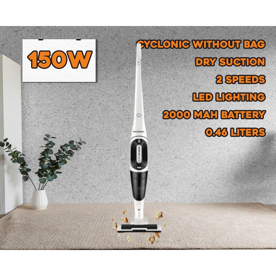 Aspirator vertical 2 in 1 HAUSBERG HB-2029AB, 2 viteze, acumulator 2000 mAh, 0.46 litri, 150 W