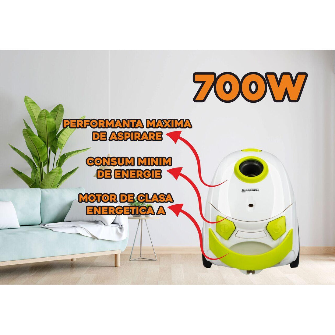 Aspirator cu sac Hausberg HB2080VR, 1500W, Capacitate 1.5L, Alb/Verde