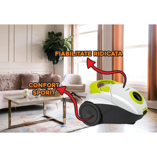 Aspirator cu sac Hausberg HB2080VR, 1500W, Capacitate 1.5L, Alb/Verde