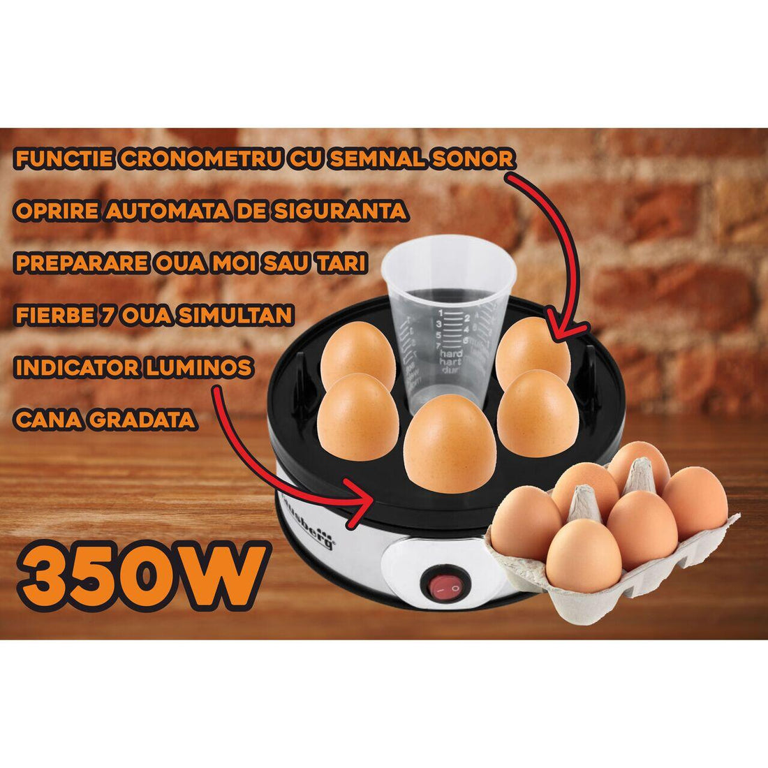 Fierbator Electric pentru Oua , 350 W, Capacitate 7 Oua, Cronometru, Inox + Plastic, Hausberg HB2215
