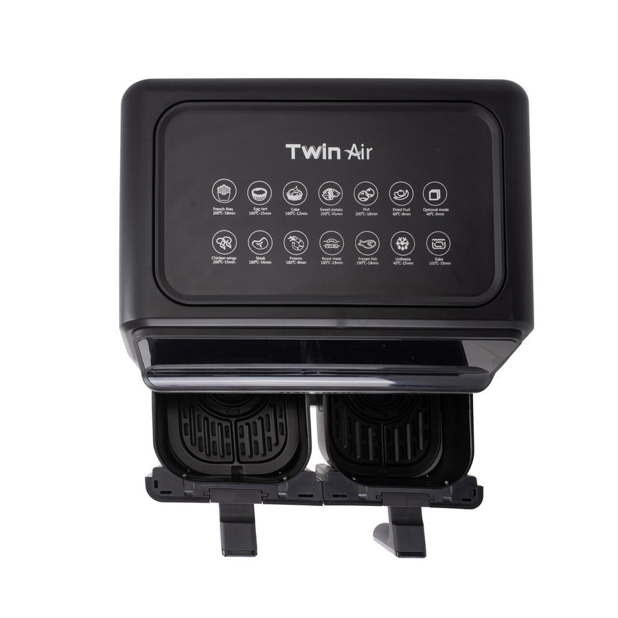 Friteuza dubla cu aer cald HAUSBERG HB-2373NG, 2200-2400W, capacitate 8.4L, termostat reglabil cu afisaj LED, control digital individual, 14 programe prestabilite, temporizator 60 min, ventilator de racire, Negru