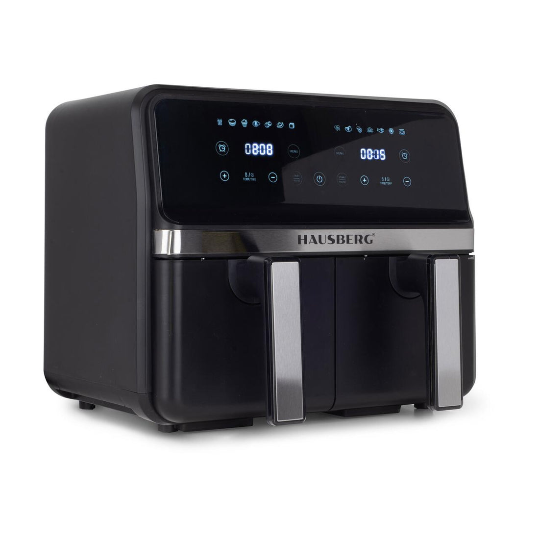 Friteuza dubla cu aer cald HAUSBERG HB-2373NG, 2200-2400W, capacitate 8.4L, termostat reglabil cu afisaj LED, control digital individual, 14 programe prestabilite, temporizator 60 min, ventilator de racire, Negru