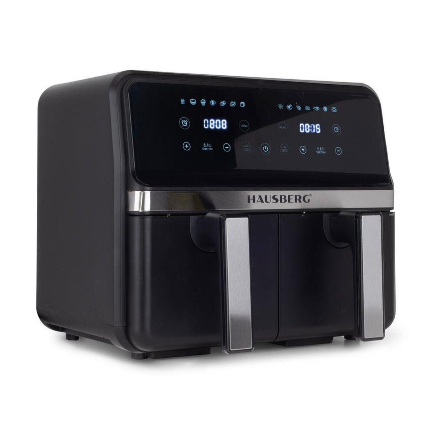 Friteuza dubla cu aer cald HAUSBERG HB-2373NG, 2200-2400W, capacitate 8.4L, termostat reglabil cu afisaj LED, control digital individual, 14 programe prestabilite, temporizator 60 min, ventilator de racire, Negru