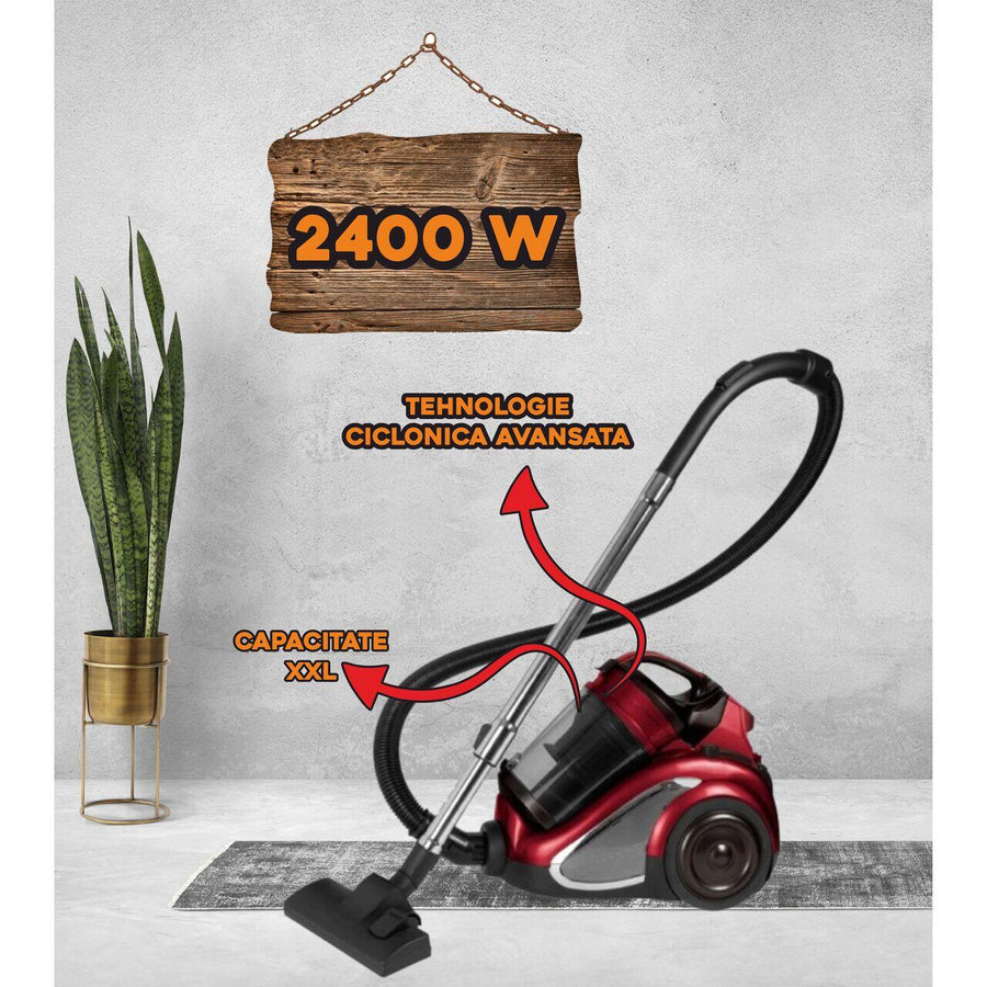 Aspirator fara sac Hausberg HB-2820RS, 2200 W, 4.5 litri, 85dB, filtru lavabil, sistem multi-ciclon, Negru/Rosu