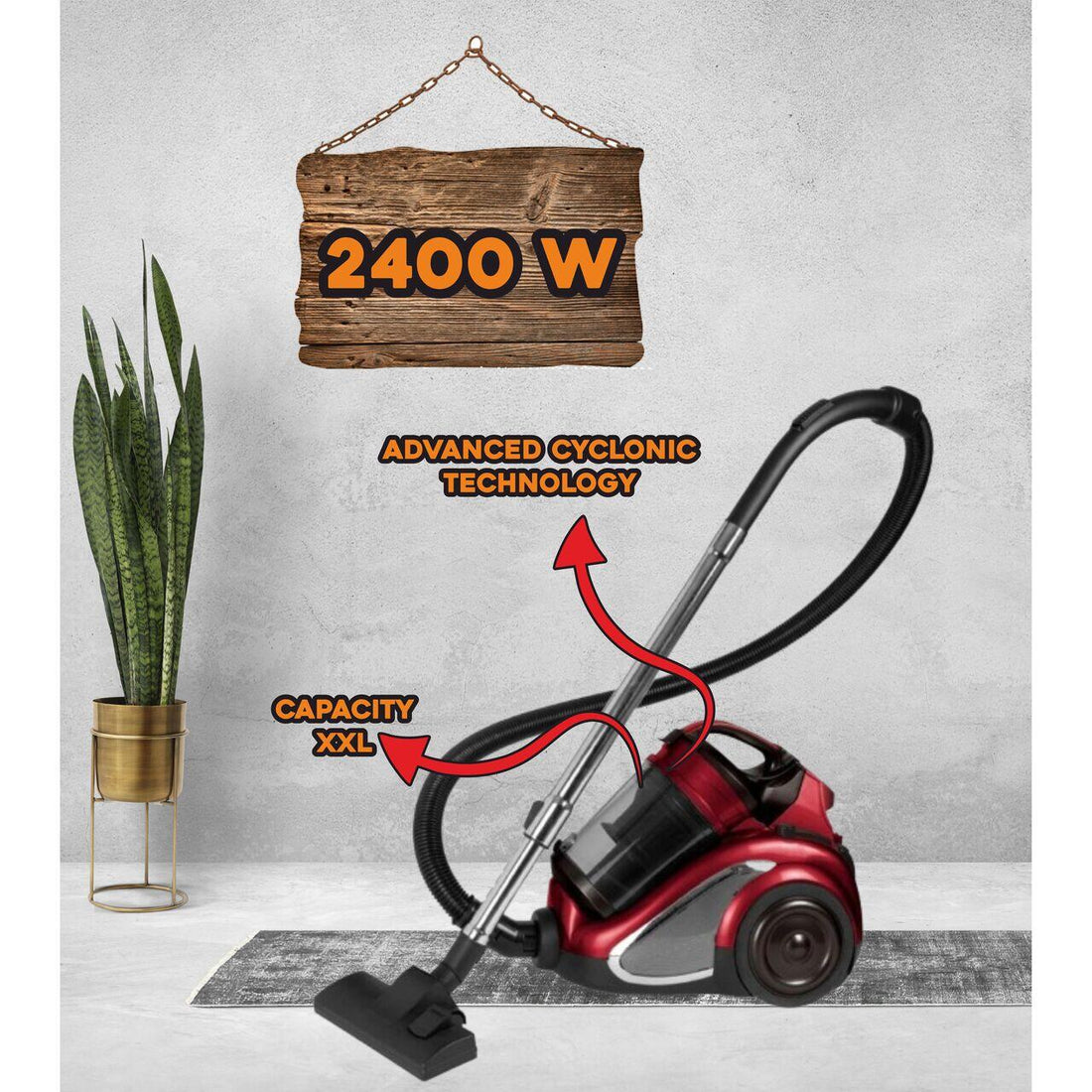 Aspirator fara sac Hausberg HB-2820RS, 2200 W, 4.5 litri, 85dB, filtru lavabil, sistem multi-ciclon, Negru/Rosu
