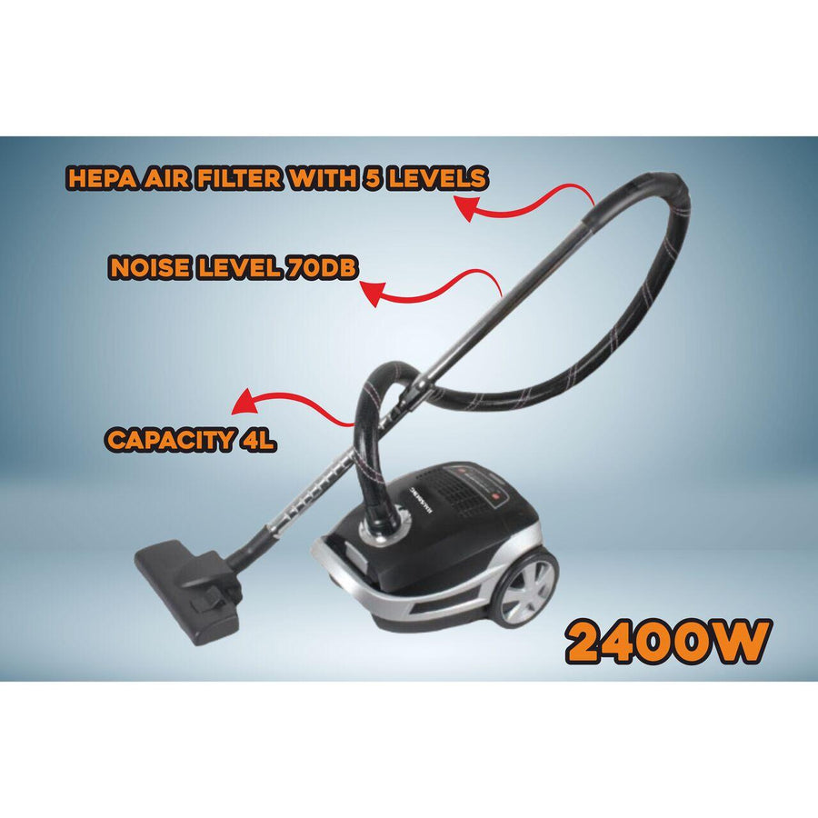 Aspirator Profesional cu sac Hausberg HB-2875NG, 2400 W, Nivel de zgomot 70dB, Capacitate 4L, Filtru De Aer Hepa Cu 5 Nivele, Lungime Cablu 5 M, Display Led, Furtun Rezistent, Negru/argintiu