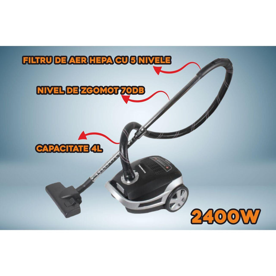 Aspirator Profesional cu sac Hausberg HB-2875NG, 2400 W, Nivel de zgomot 70dB, Capacitate 4L, Filtru De Aer Hepa Cu 5 Nivele, Lungime Cablu 5 M, Display Led, Furtun Rezistent, Negru/argintiu