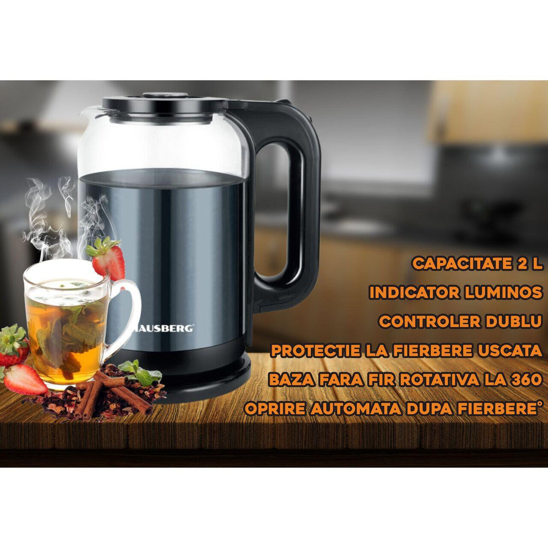 Cana electrica fierbator HAUSBERG HB-3622BL, 1500 - 1800W, capacitate 2L, oprire automata, indicator luminos, Bleu-Negru