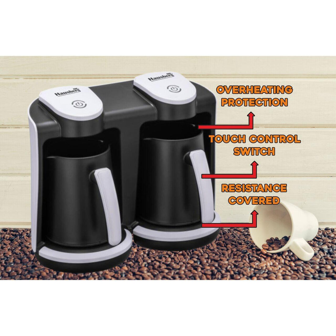 Aparat pentru preparat cafea turceasca Hausberg HB-3820AB, 2 recipiente, 400+400 W, avertizare sonora si luminoasa, Alb/Negru