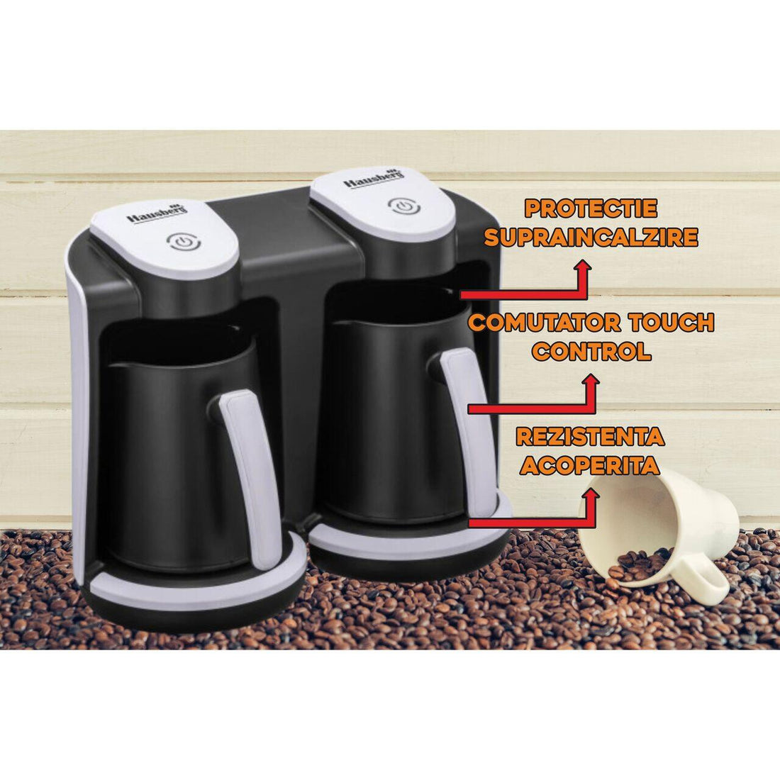 Aparat pentru preparat cafea turceasca Hausberg HB-3820AB, 2 recipiente, 400+400 W, avertizare sonora si luminoasa, Alb/Negru