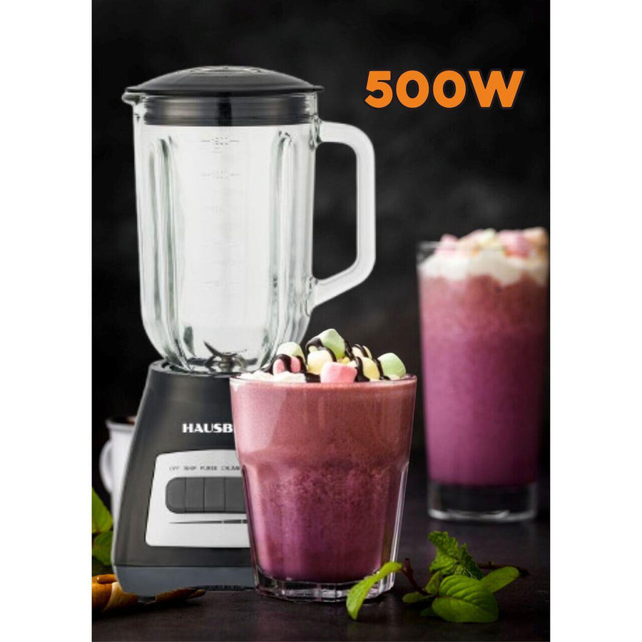 Blender cu rasnita HAUSBERG HB-7770NG, 500 W, 4 trepte de viteza, vas din plastic gradat de 1.5 litri, functie Pulse, lame din otel inoxidabil, sistem de siguranta, negru