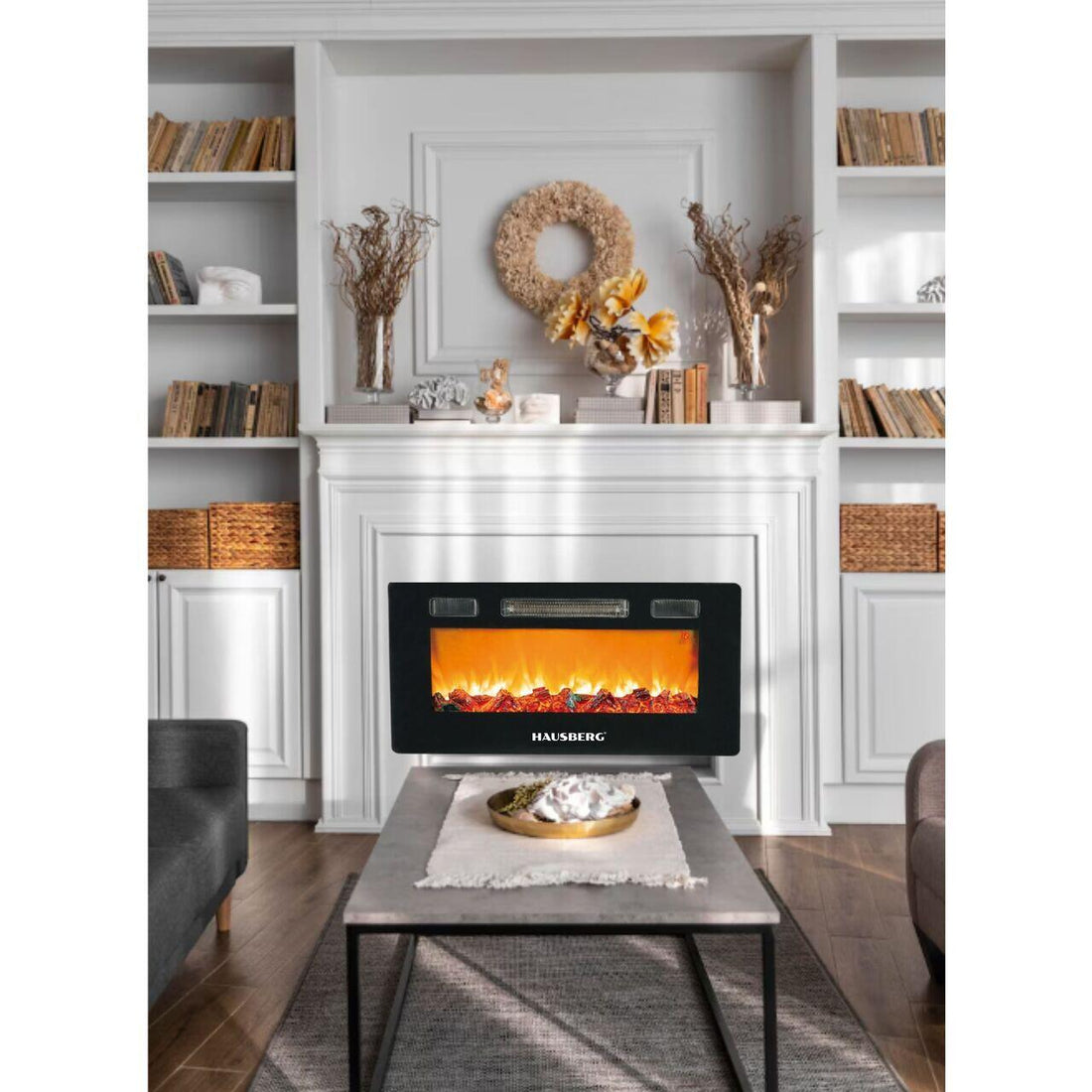 Semineu electric de perete Hausberg HB-8225, 1800W, Telecomanda, 3 Niveluri de lucru, Turboventilator, Elect de flacara led culoare portocalie, Termostat reglabil, Fier + sticla