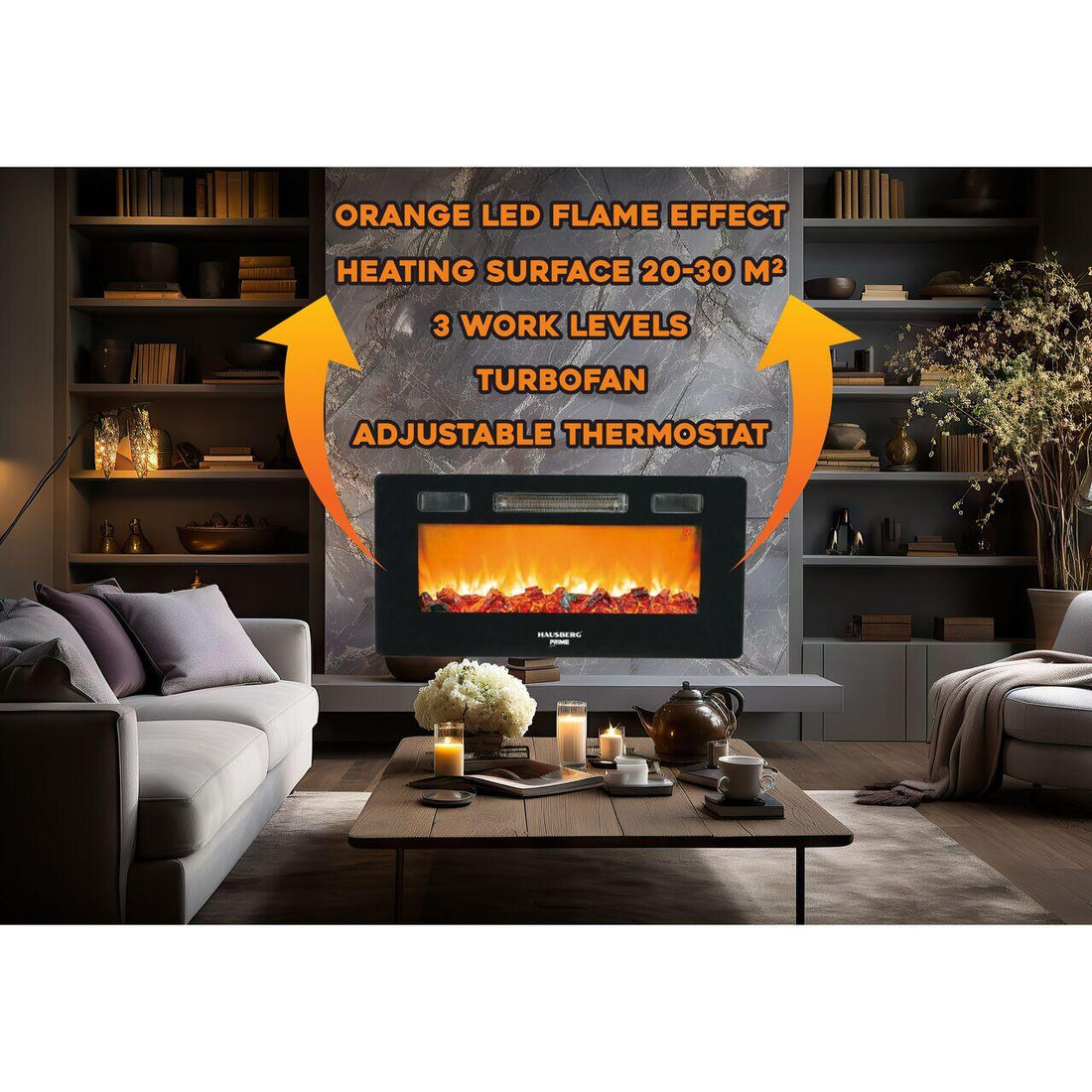 Semineu electric de perete Hausberg HB-8225, 1800W, Telecomanda, 3 Niveluri de lucru, Turboventilator, Elect de flacara led culoare portocalie, Termostat reglabil, Fier + sticla