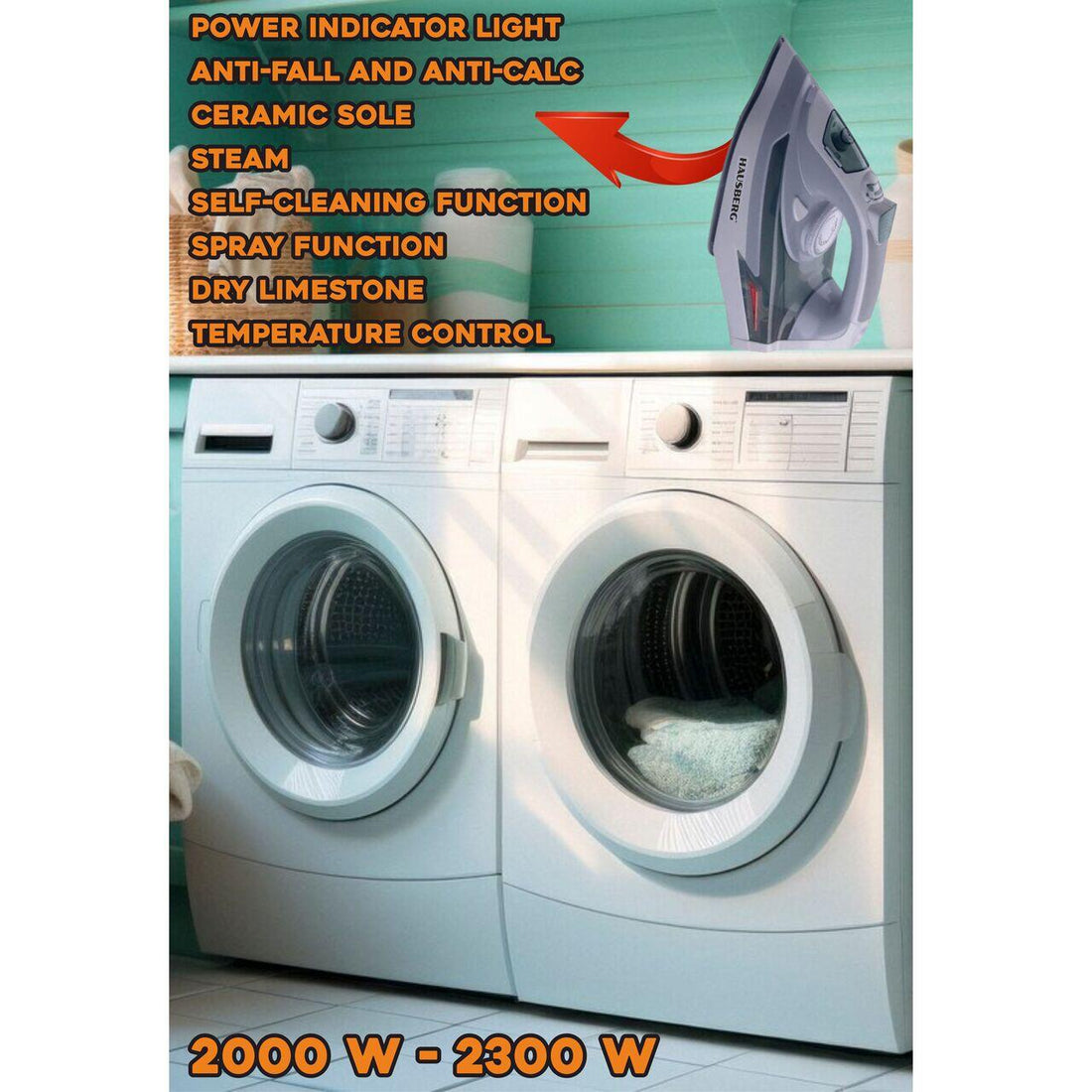 Fier de calcat cu talpa din ceramica HAUSBERG HB-HB7812VR, 2000-2300 W, 400 ml, Alb-Verde
