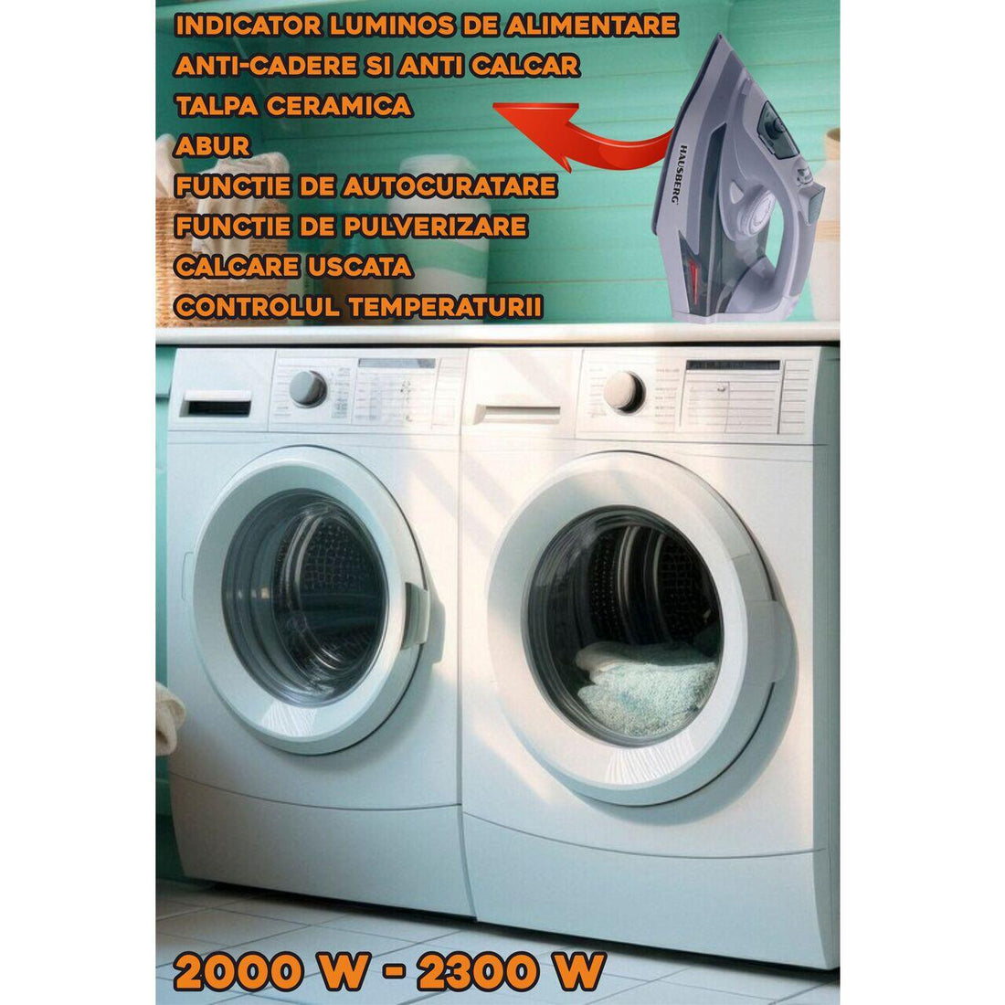 Fier de calcat cu talpa din ceramica HAUSBERG HB-HB7812VR, 2000-2300 W, 400 ml, Alb-Verde