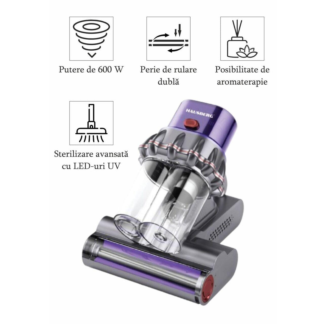 Aspirator UV antiacarieni cu afisaj digital multifunctional HAUSBERG HB-2022MV, 400-600W, sterilizare UV, ioni negativi, purificare cu ultrasunete, Mov-Gri