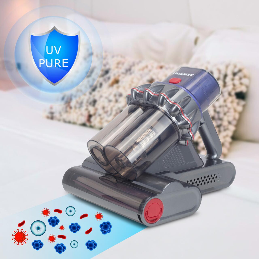 Aspirator UV antiacarieni cu afisaj digital multifunctional HAUSBERG HB-2022MV, 400-600W, sterilizare UV, ioni negativi, purificare cu ultrasunete, Mov-Gri