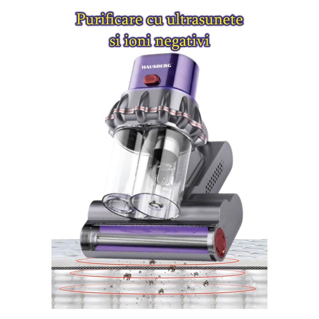 Aspirator UV antiacarieni cu afisaj digital multifunctional HAUSBERG HB-2022MV, 400-600W, sterilizare UV, ioni negativi, purificare cu ultrasunete, Mov-Gri