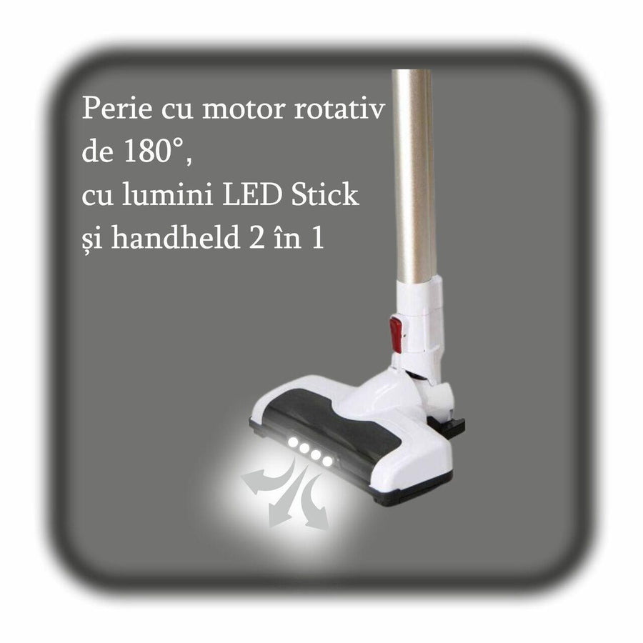 Aspirator vertical Hausberg HB-2027, putere 220W, fara sac, capacitate 0.25 l, filtre lavabile, 2 viteze, perie rotativa, timp de lucru 20-40 min, Alb