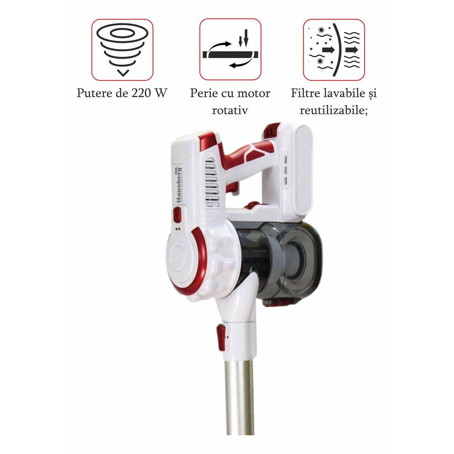 Aspirator vertical Hausberg HB-2027, putere 220W, fara sac, capacitate 0.25 l, filtre lavabile, 2 viteze, perie rotativa, timp de lucru 20-40 min, Alb