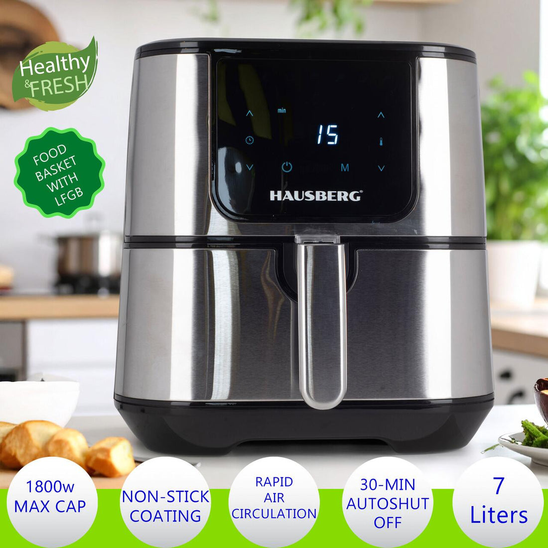 Friteuza Air Fryer Hausberg HB-2365, 1600-1800 W, 5.2 L, Timer, protectie supra-incalzire, maner rece, Display LCD