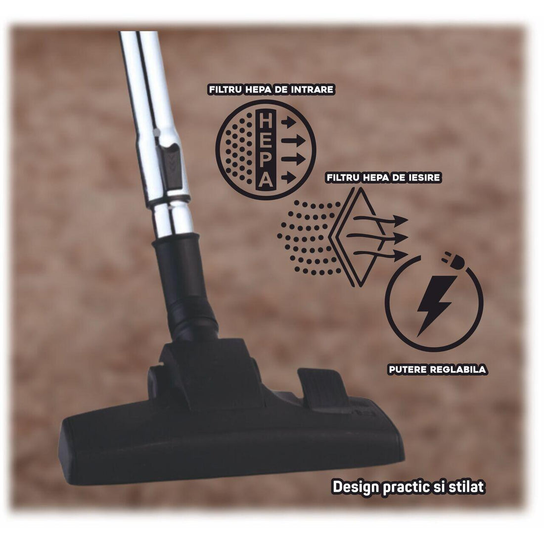 Aspirator fara sac HAUSBERG HB-2822MV, 1200-1600W, multiciclon, aspirare uscata, capacitate 2 litri, filtru HEPA, control viteza, derulator automat cablu, Mov-Negru
