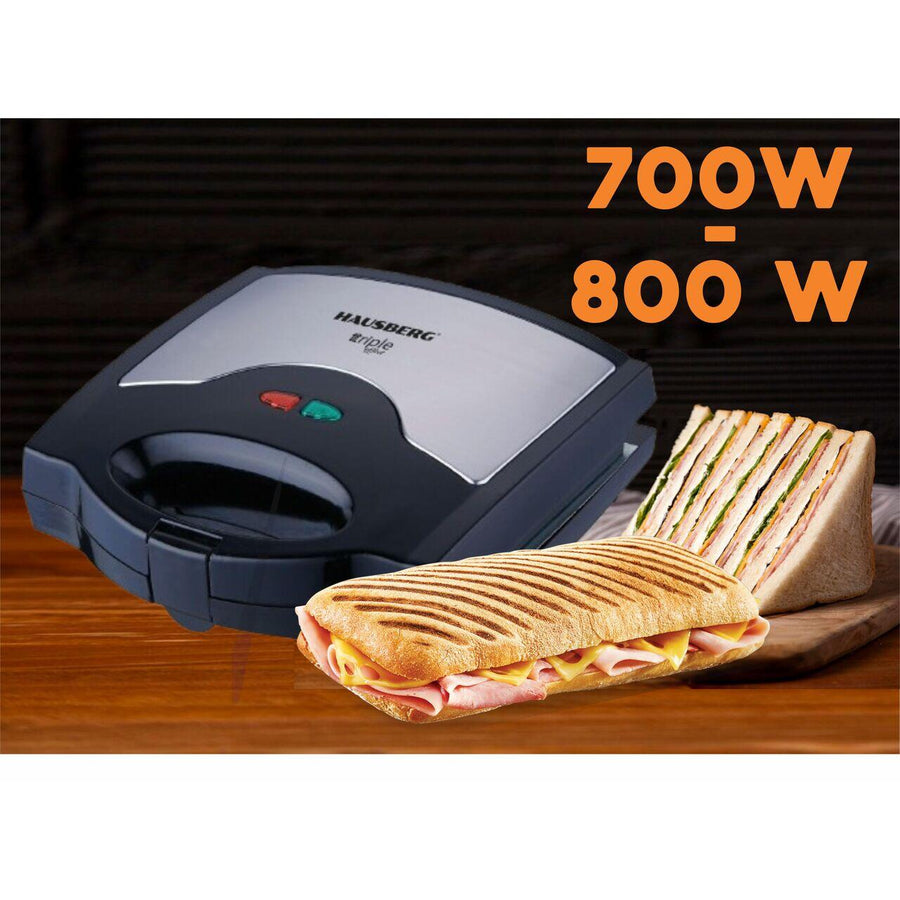 Sandwich maker 3 in 1 HAUSBERG HB-3514IN, 700-800 W, 3 placi detasabile anti-aderente, Termostat, Negru/Inox