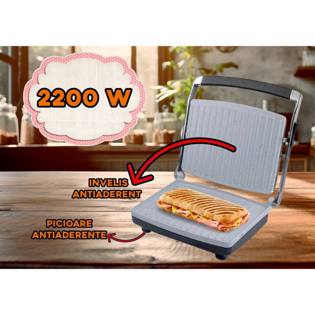 Gratar electric si sandwich maker HAUSBERG HB533, 1850-2200W