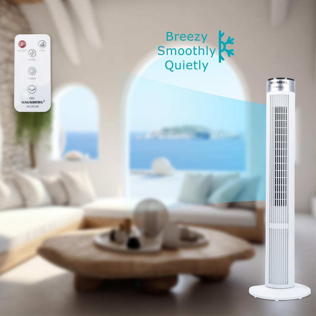 Ventilator turn Hausberg HB-5952AB, 55W, 38 inch, 3 viteze, temporizator 24h, LED, oscilatie, telecomanda, alb