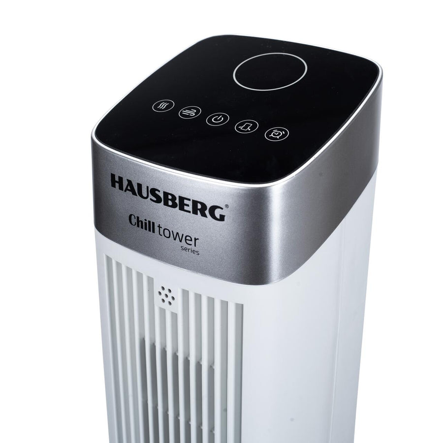 Ventilator turn digital Hausberg HB-5953AB, 55W, 41 inch, 3 viteze, 3 moduri, temporizator 24h, LED, oscilatie, telecomanda, difuzor parfum, alb
