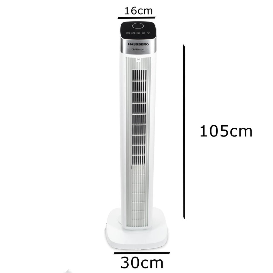 Ventilator turn digital Hausberg HB-5953AB, 55W, 41 inch, 3 viteze, 3 moduri, temporizator 24h, LED, oscilatie, telecomanda, difuzor parfum, alb