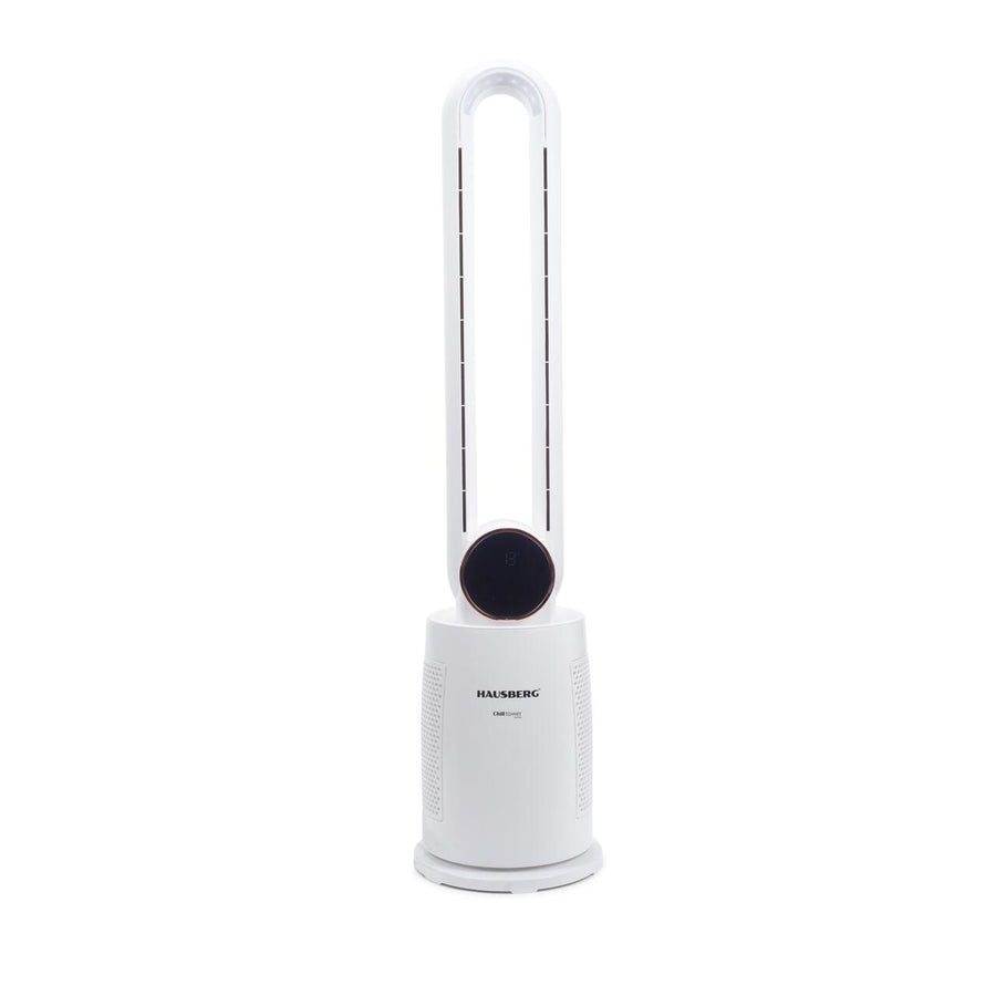 Ventilator turn digital Hausberg HB-5957AB, 65W, 12 viteze, 4 programe, ionizare negativa, temporizator 12h, oscilatie 40°, LED, telecomanda, alb