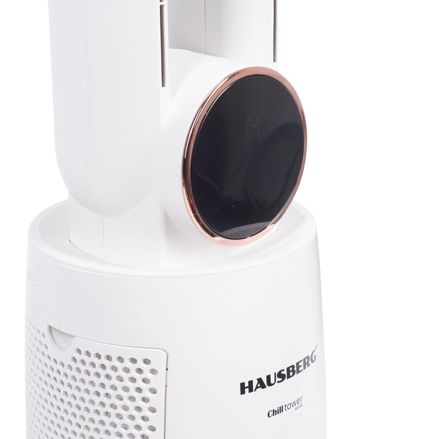 Ventilator turn digital Hausberg HB-5957AB, 65W, 12 viteze, 4 programe, ionizare negativa, temporizator 12h, oscilatie 40°, LED, telecomanda, alb