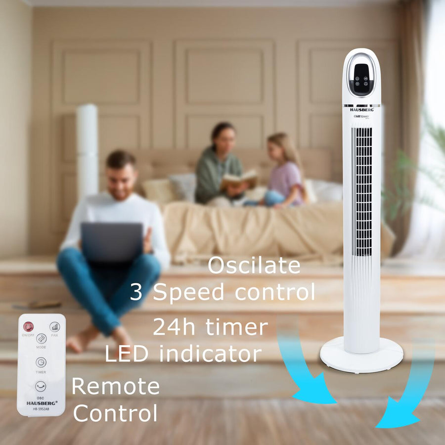 Ventilator turn digital Hausberg HB-5958AB, 55W, 45 inch, 3 viteze, temporizator 24h, LED, oscilatie, telecomanda, alb